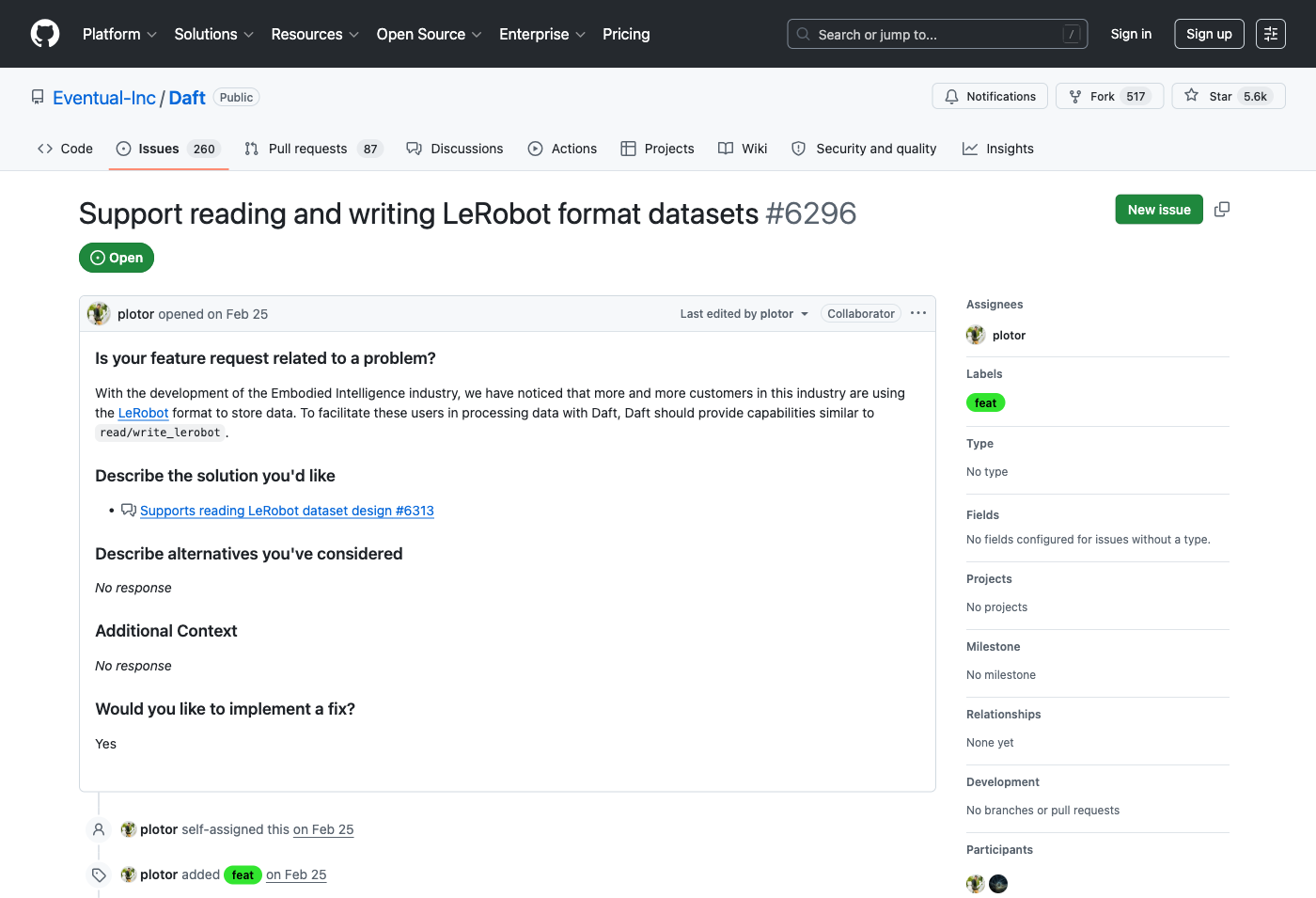 The Daft issue about supporting the LeRobot format