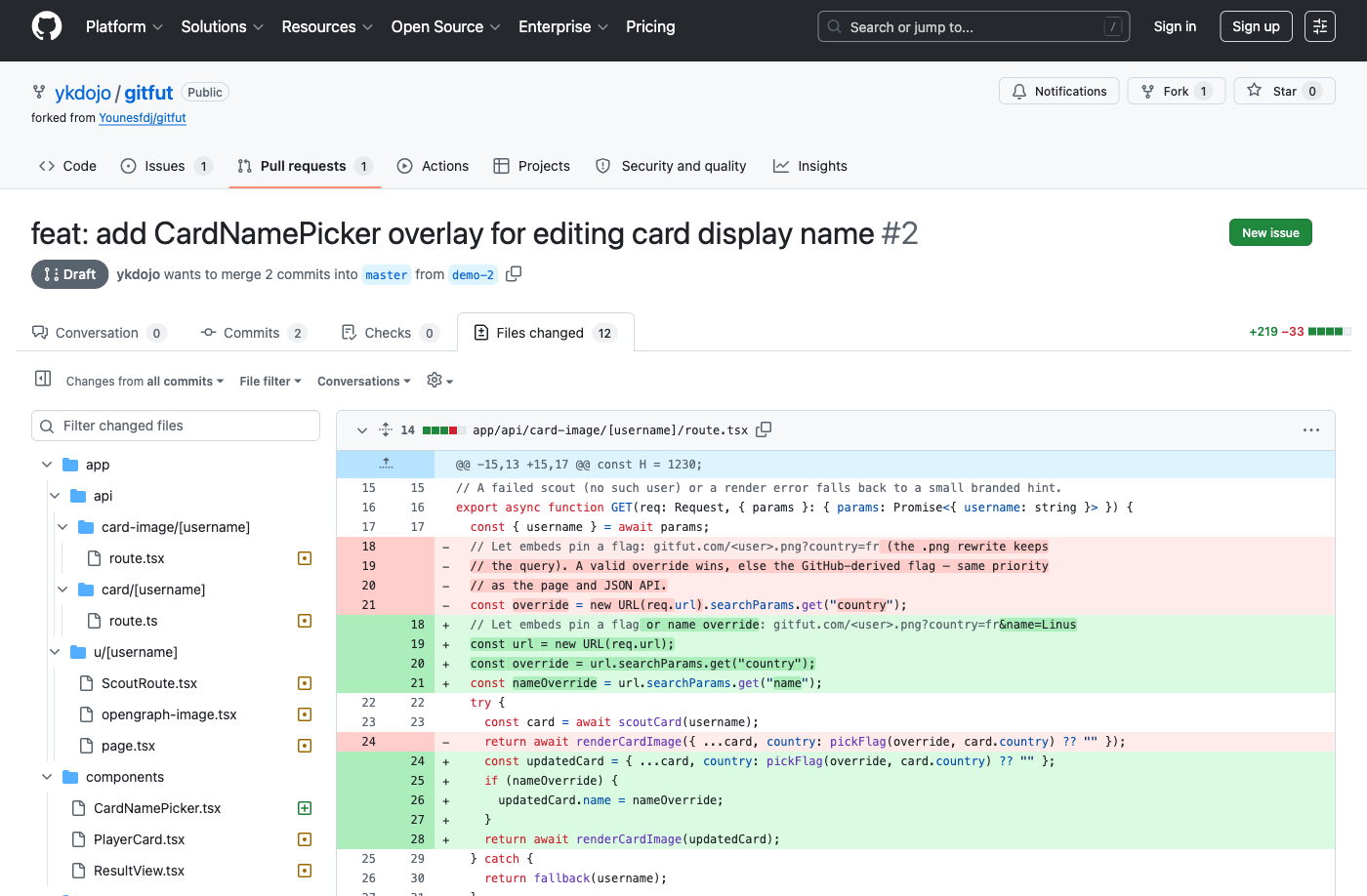 The PR with the card name picker changes