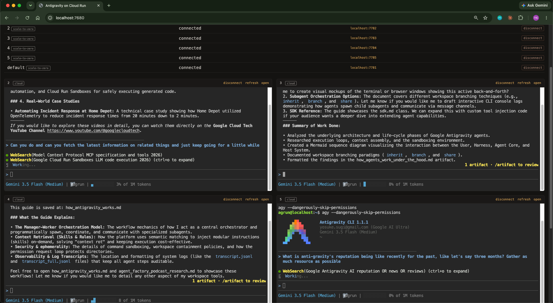 The dashboard running five cloud sessions in parallel, with live terminals