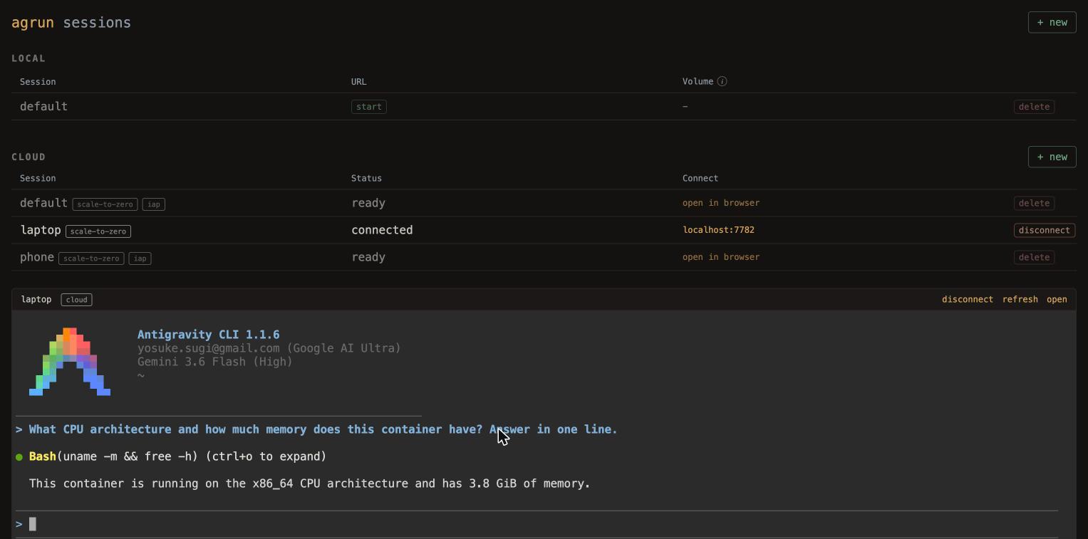 The dashboard listing a laptop session with a connect button and a phone session with an iap badge and an open-in-browser link