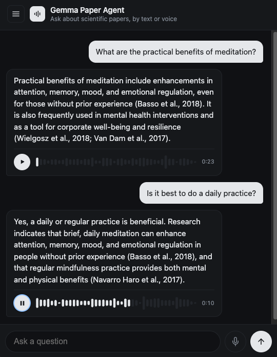 Chat UI: a multi-turn conversation, each reply with a voice playback bar