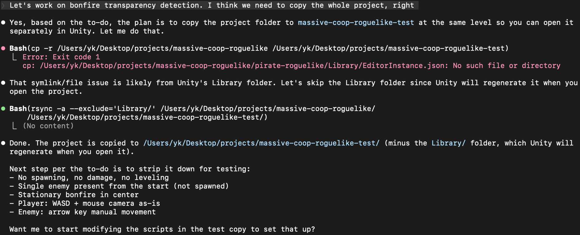 Claude Code game test setup